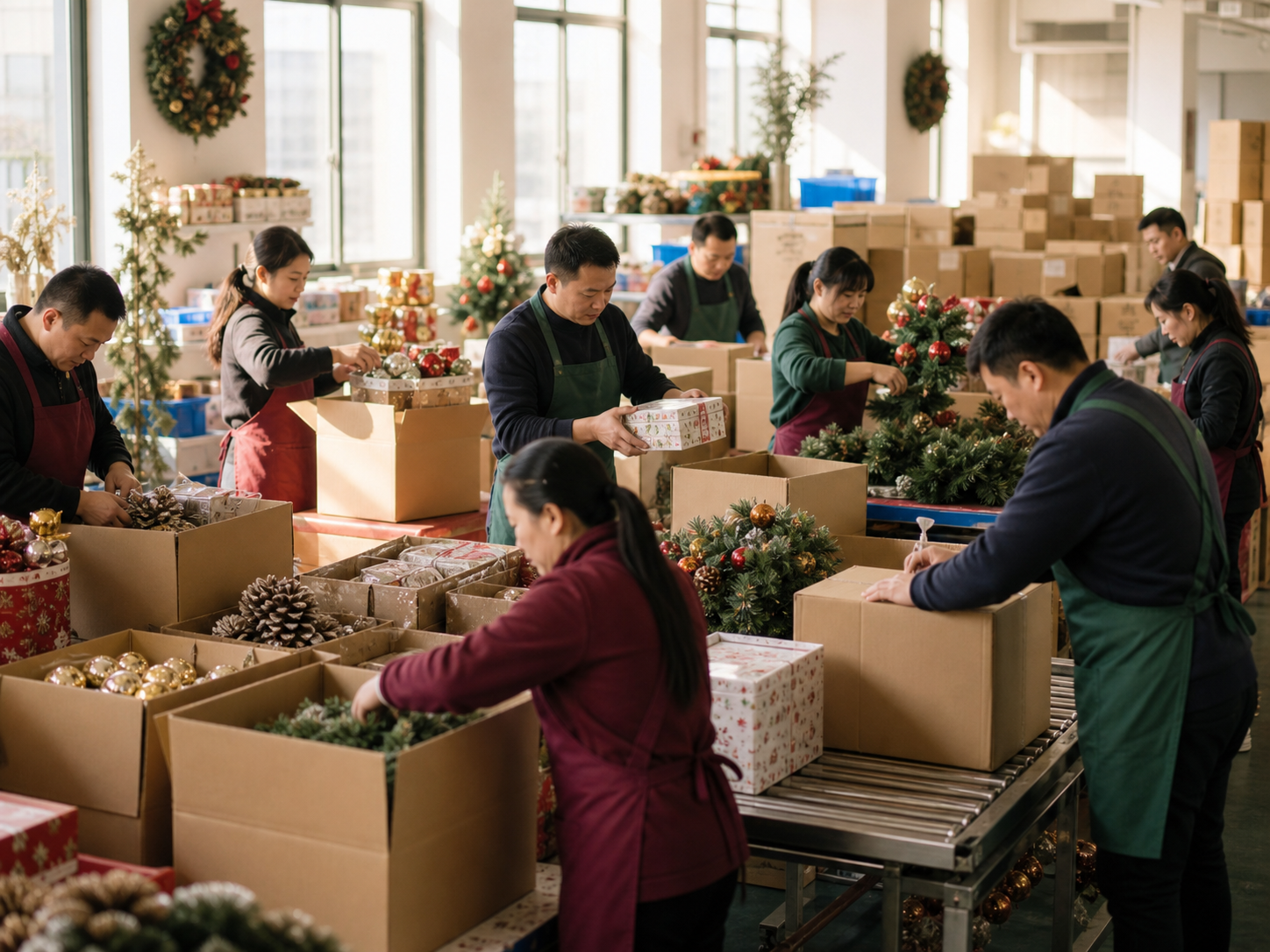 Factory team preparing holiday gifts for export packing