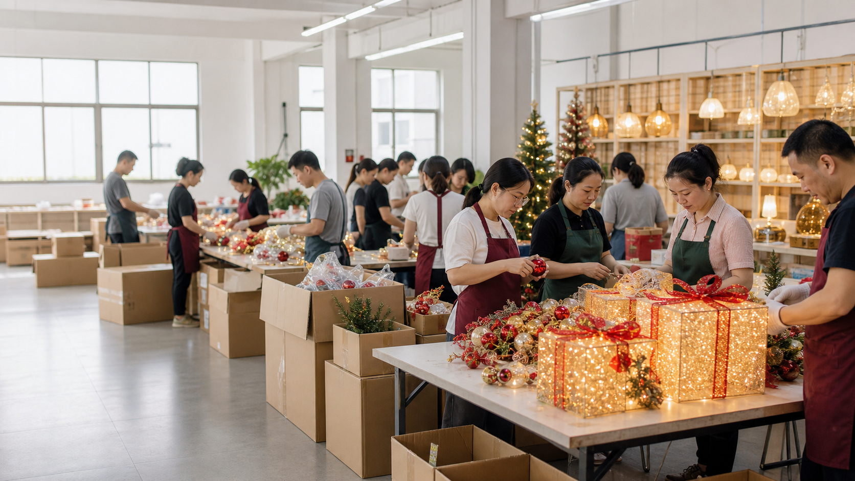 Chinese factory team assembling and checking Christmas gifts